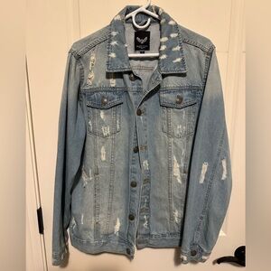 Brave Soul Men Denim Jean Jacket Large Blue Distressed Collar Button Front